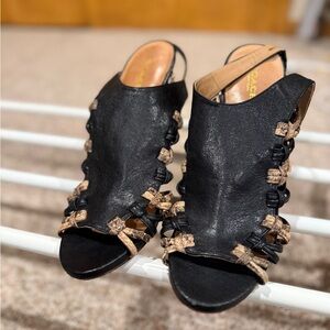 Coach Black Leather Slingback Mules with Tan Weave Detail